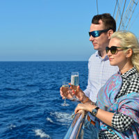 guests on the ship looking at sea holding champaigne glasses