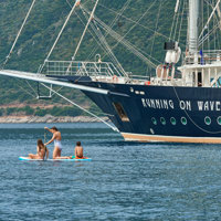 guests swimming on surfboard with a paddle near ship