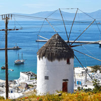 mykonos town coast with windmill