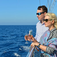 guests on the ship looking at sea holding champaigne glasses