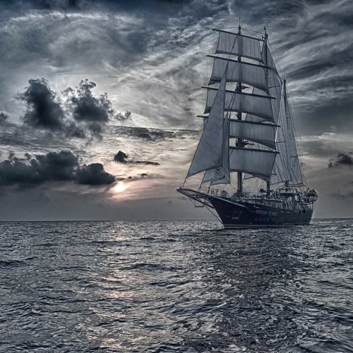 ship at sea at sunset