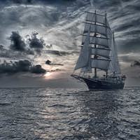 ship at sea at sunset
